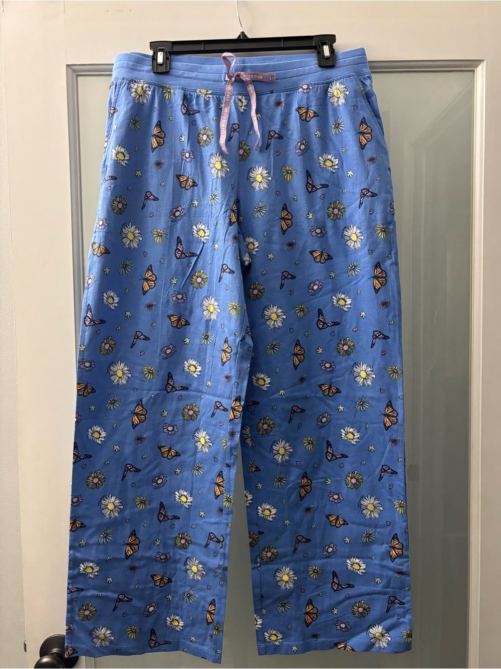 Life Is Good Blue Butterfly & Daisy Pajama Bottoms with Pink Drawstring